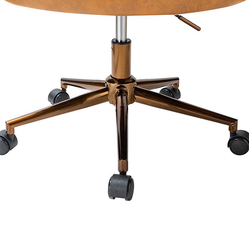 Chaise de travail en cuir synthétique avec dossier capitonné, hauteur réglable, sans accoudoirs et roulettes en métal doré | Camel | Siège individuel