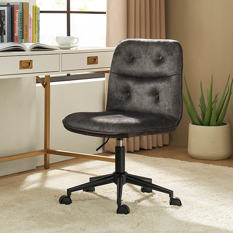 Fauteuil de bureau pivotant sans accoudoirs en velours avec capitonnage à boutons et coutures nervurées, hauteur réglable et base en métal noir | Charbon | Siège unique