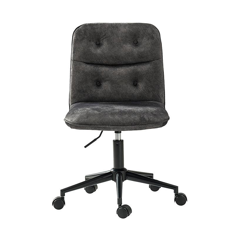 Fauteuil de bureau pivotant sans accoudoirs en velours avec capitonnage à boutons et coutures nervurées, hauteur réglable et base en métal noir | Charbon | Siège unique