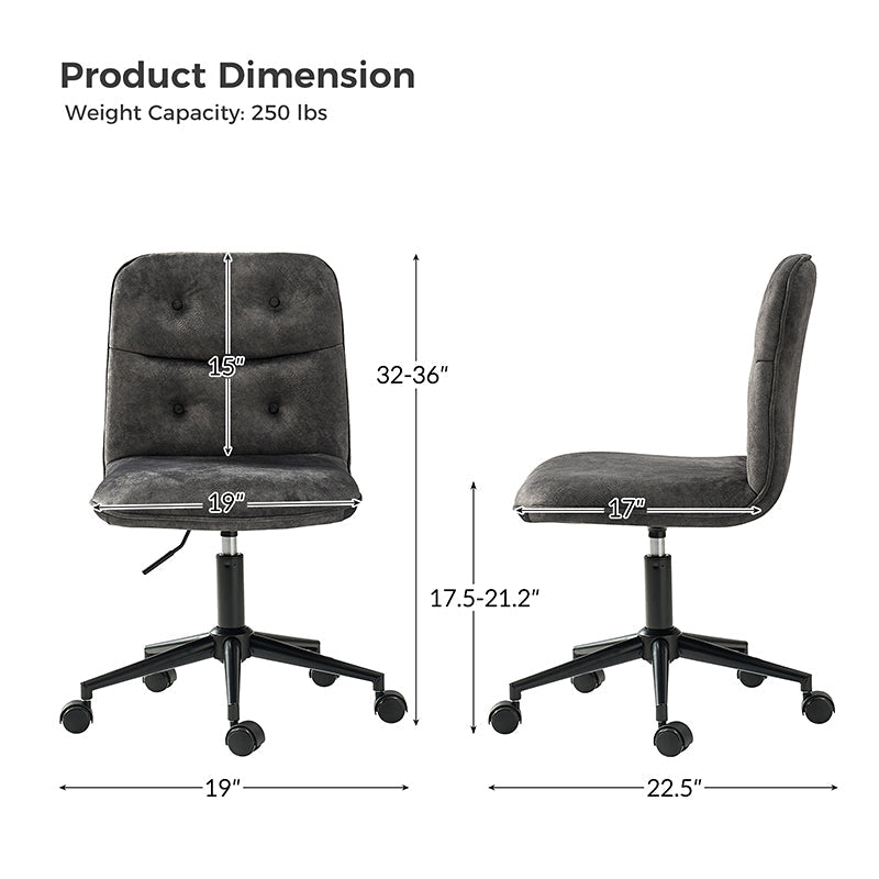 Fauteuil de bureau pivotant sans accoudoirs en velours avec capitonnage à boutons et coutures nervurées, hauteur réglable et base en métal noir | Charbon | Siège unique