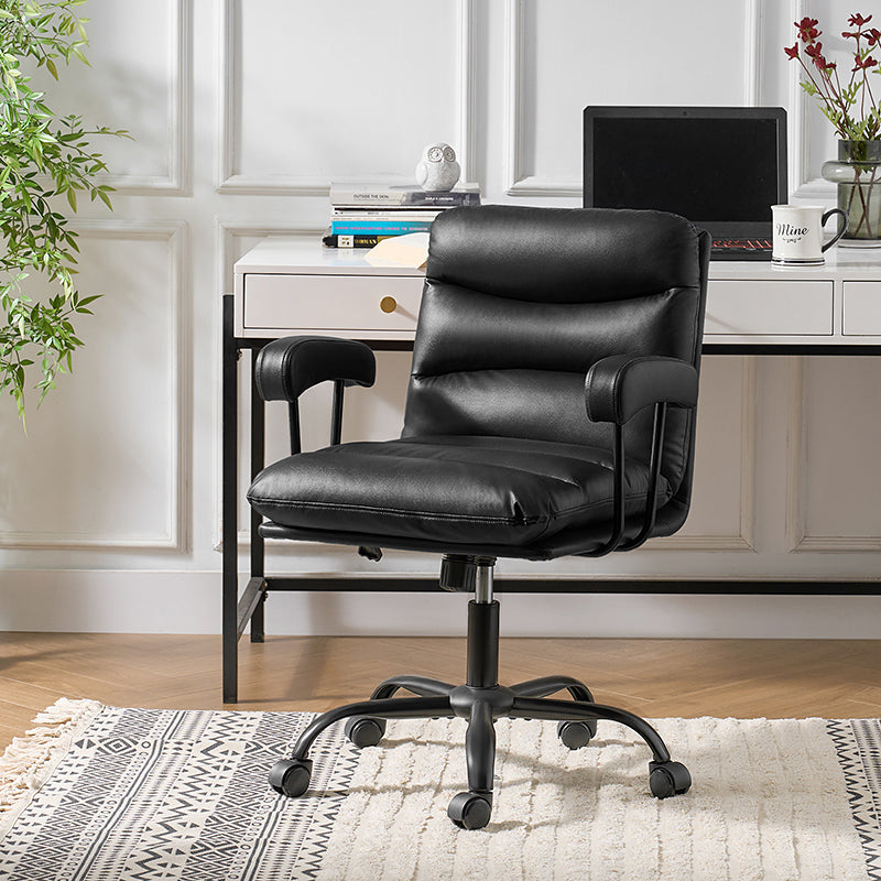 Chaise de bureau ergonomique en similicuir avec hauteur réglable, pivotante et pieds en métal noir | Sauge / Camel / Noir / Vert | Siège individuel
