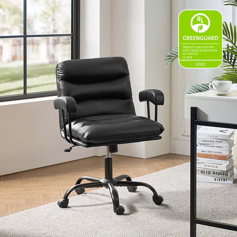 Chaise de bureau ergonomique en similicuir avec hauteur réglable, pivotante et pieds en métal noir | Sauge / Camel / Noir / Vert | Siège individuel