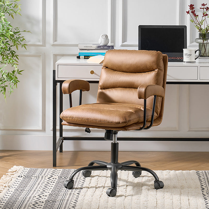 Chaise de bureau ergonomique en similicuir avec hauteur réglable, pivotante et pieds en métal noir | Sauge / Camel / Noir / Vert | Siège individuel