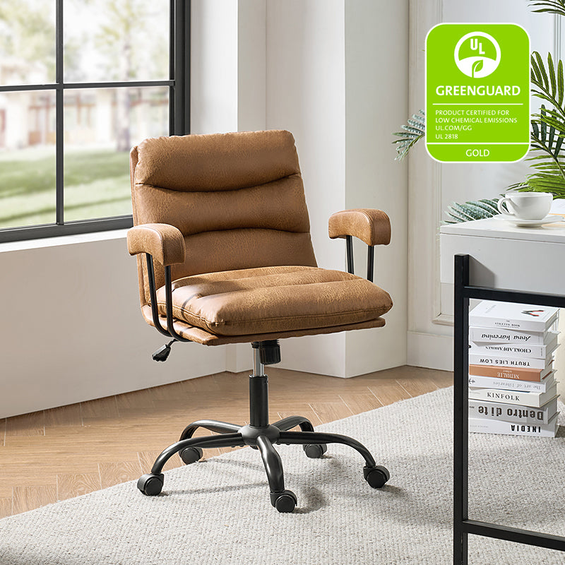 Chaise de bureau ergonomique en similicuir avec hauteur réglable, pivotante et pieds en métal noir | Sauge / Camel / Noir / Vert | Siège individuel