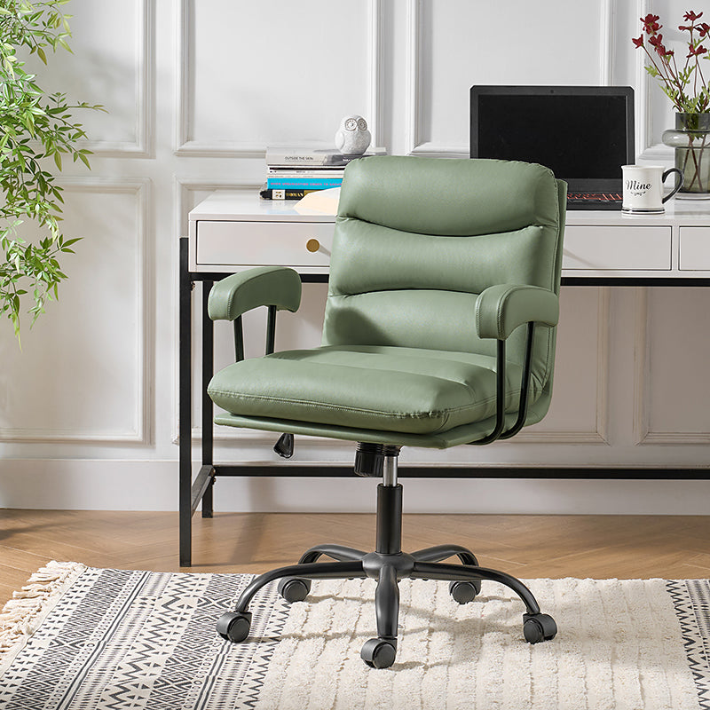 Chaise de bureau ergonomique en similicuir avec hauteur réglable, pivotante et pieds en métal noir | Sauge / Camel / Noir / Vert | Siège individuel
