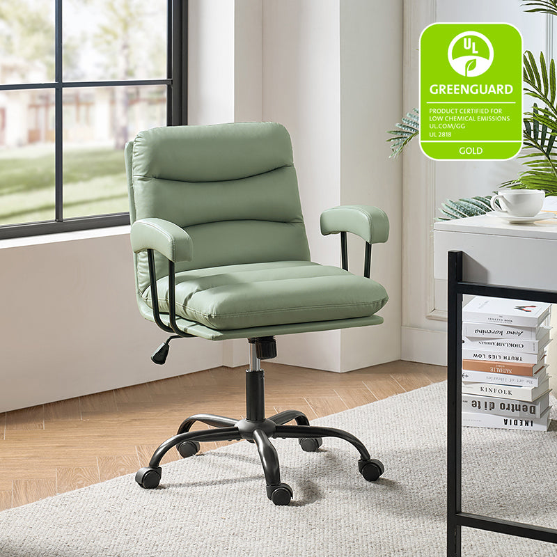 Chaise de bureau ergonomique en similicuir avec hauteur réglable, pivotante et pieds en métal noir | Sauge / Camel / Noir / Vert | Siège individuel