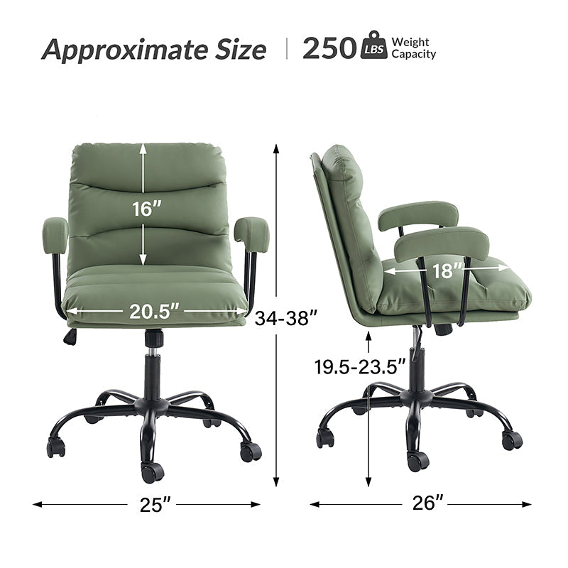 Chaise de bureau ergonomique en similicuir avec hauteur réglable, pivotante et pieds en métal noir | Sauge / Camel / Noir / Vert | Siège individuel