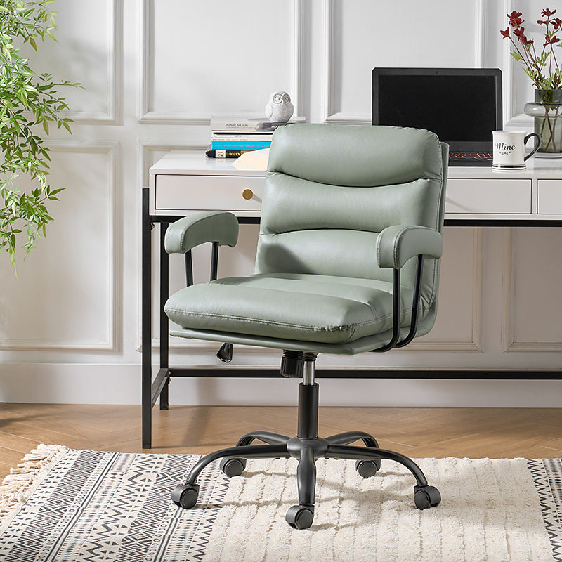 Chaise de bureau ergonomique en similicuir avec hauteur réglable, pivotante et pieds en métal noir | Sauge / Camel / Noir / Vert | Siège individuel