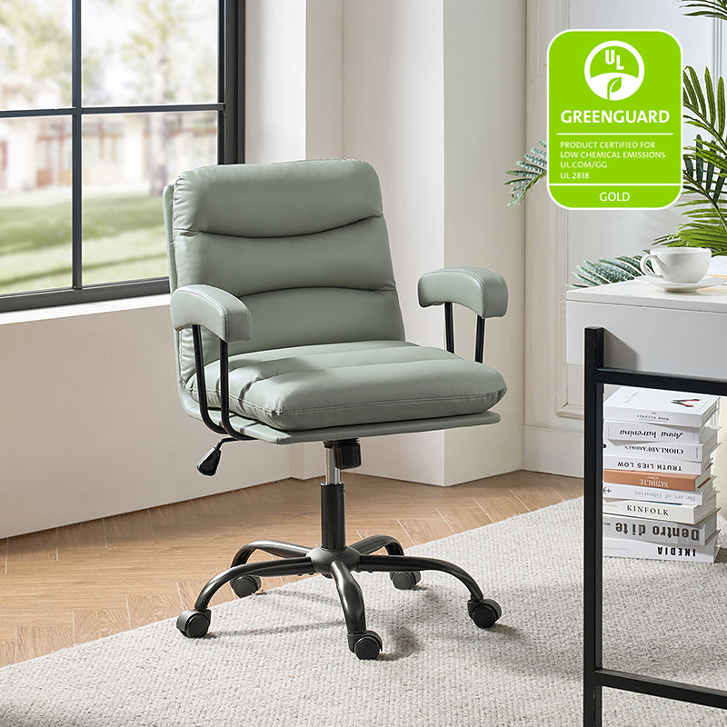 Chaise de bureau ergonomique en similicuir avec hauteur réglable, pivotante et pieds en métal noir | Sauge / Camel / Noir / Vert | Siège individuel
