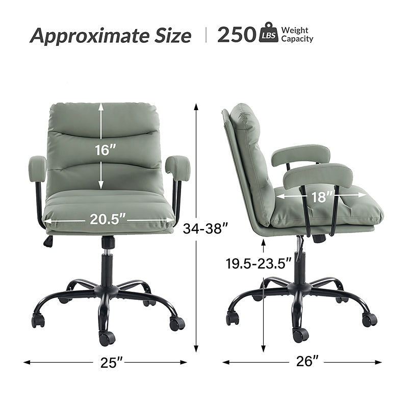 Chaise de bureau ergonomique en similicuir avec hauteur réglable, pivotante et pieds en métal noir | Sauge / Camel / Noir / Vert | Siège individuel