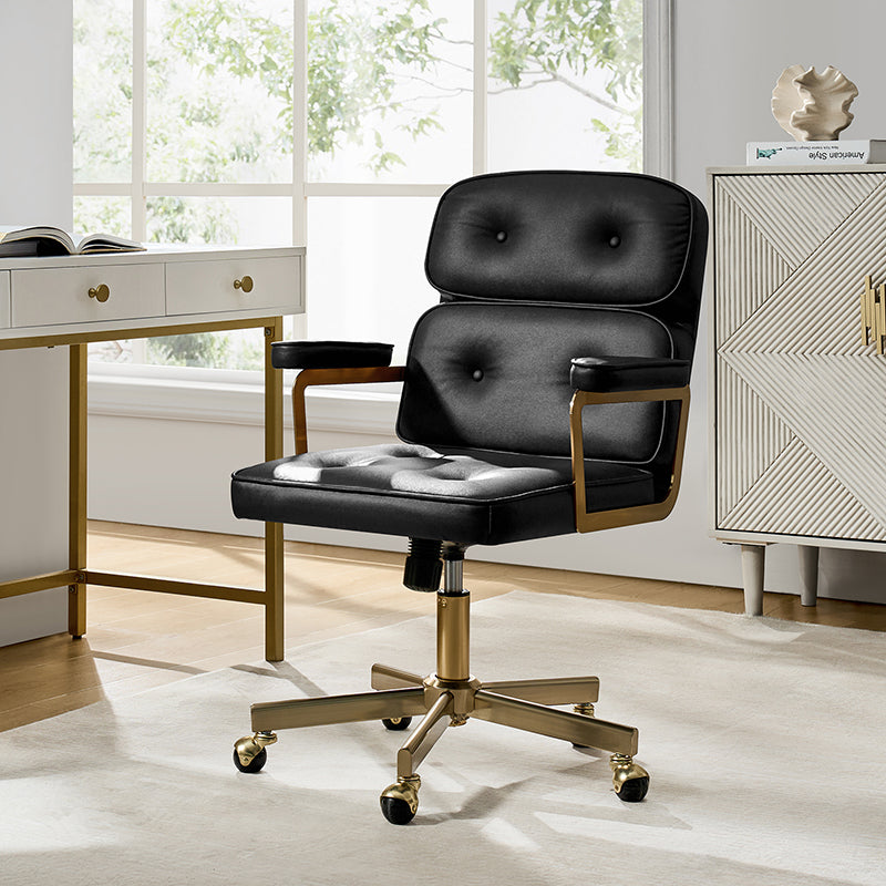 Fauteuil de bureau pivotant en similicuir avec dossier inclinable, pieds dorés et roulettes Globe | Camel / Ivoire / Sauge / Noir | Un siège
