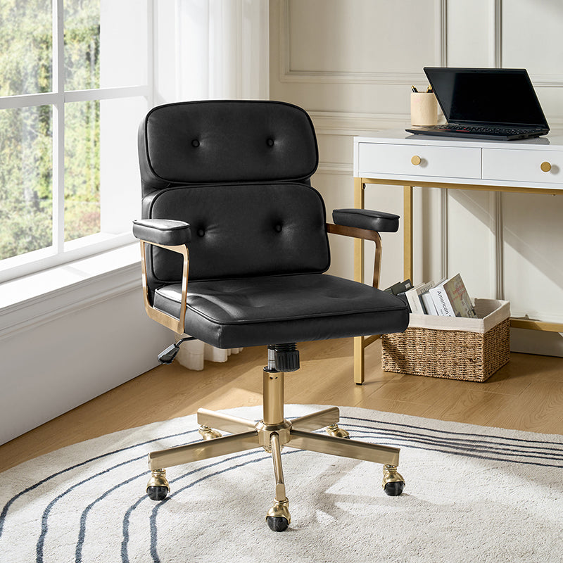 Fauteuil de bureau pivotant en similicuir avec dossier inclinable, pieds dorés et roulettes Globe | Camel / Ivoire / Sauge / Noir | Un siège