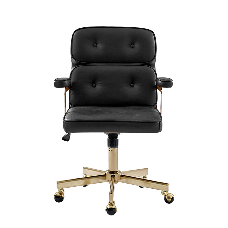 Fauteuil de bureau pivotant en similicuir avec dossier inclinable, pieds dorés et roulettes Globe | Camel / Ivoire / Sauge / Noir | Un siège