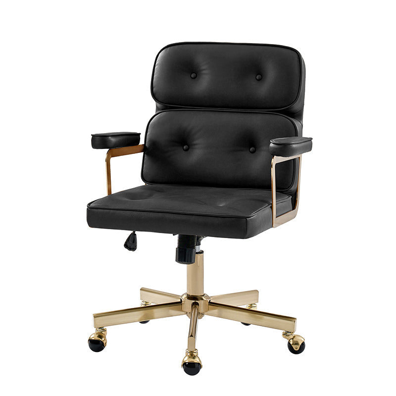 Fauteuil de bureau pivotant en similicuir avec dossier inclinable, pieds dorés et roulettes Globe | Camel / Ivoire / Sauge / Noir | Un siège