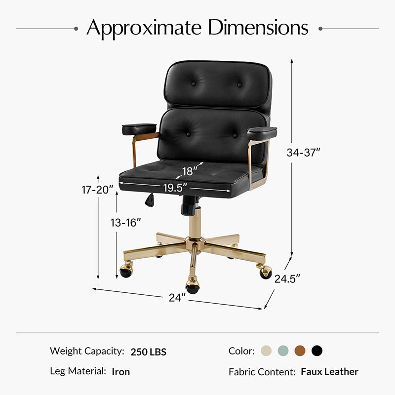 Fauteuil de bureau pivotant en similicuir avec dossier inclinable, pieds dorés et roulettes Globe | Camel / Ivoire / Sauge / Noir | Un siège