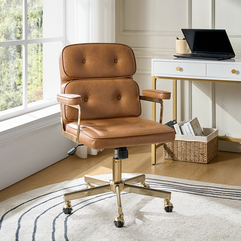 Fauteuil de bureau pivotant en similicuir avec dossier inclinable, pieds dorés et roulettes Globe | Camel / Ivoire / Sauge / Noir | Un siège