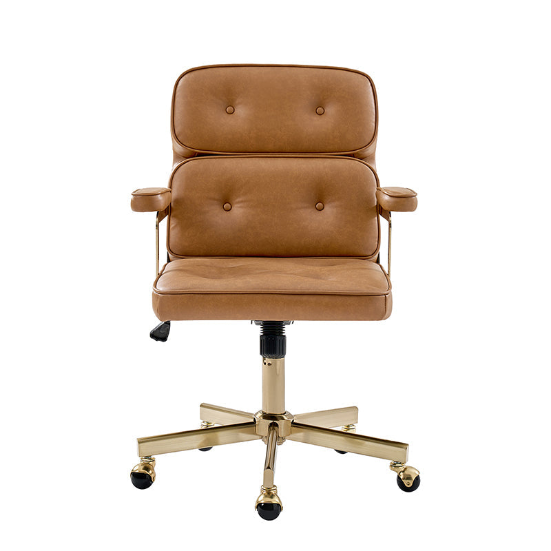Fauteuil de bureau pivotant en similicuir avec dossier inclinable, pieds dorés et roulettes Globe | Camel / Ivoire / Sauge / Noir | Un siège