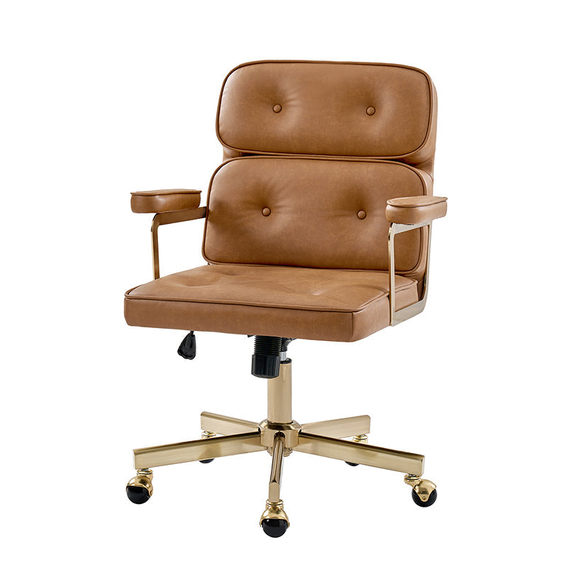 Fauteuil de bureau pivotant en similicuir avec dossier inclinable, pieds dorés et roulettes Globe | Camel / Ivoire / Sauge / Noir | Un siège