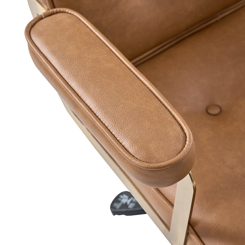 Fauteuil de bureau pivotant en similicuir avec dossier inclinable, pieds dorés et roulettes Globe | Camel / Ivoire / Sauge / Noir | Un siège