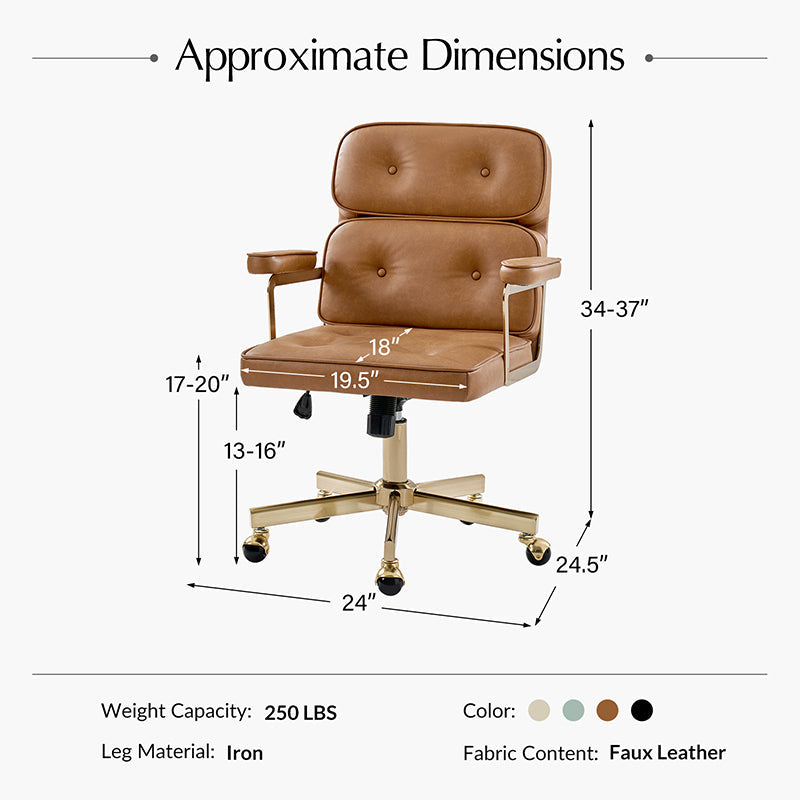 Fauteuil de bureau pivotant en similicuir avec dossier inclinable, pieds dorés et roulettes Globe | Camel / Ivoire / Sauge / Noir | Un siège