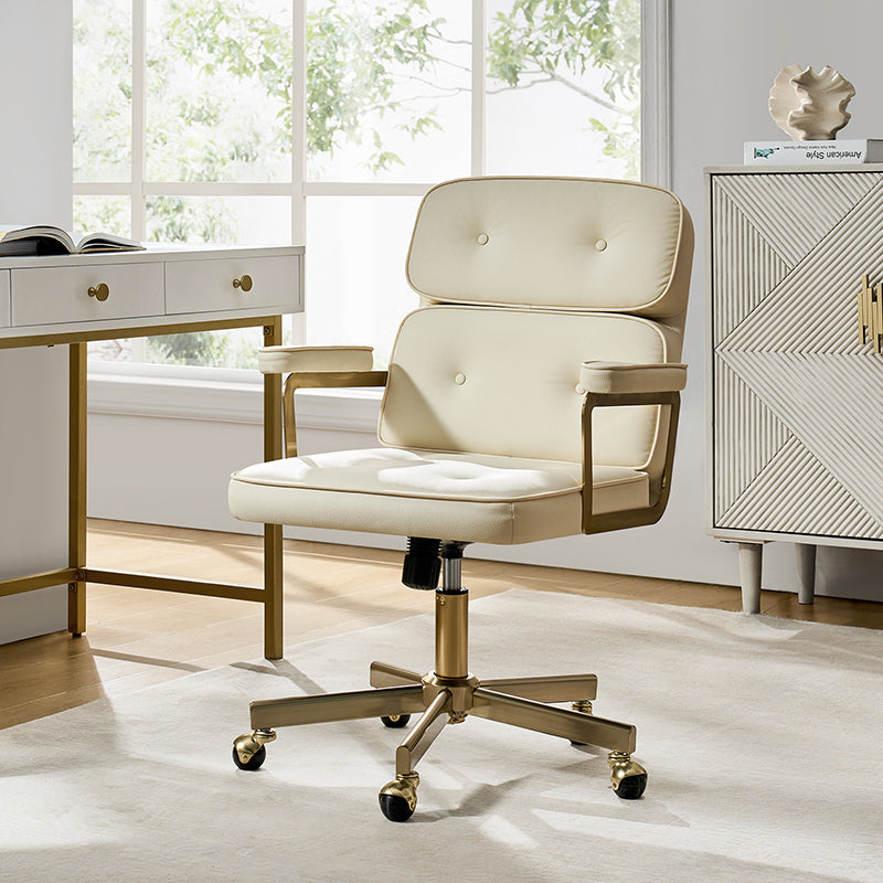 Fauteuil de bureau pivotant en similicuir avec dossier inclinable, pieds dorés et roulettes Globe | Camel / Ivoire / Sauge / Noir | Un siège