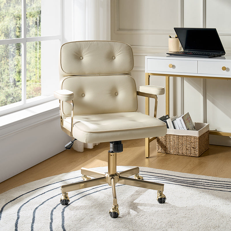 Fauteuil de bureau pivotant en similicuir avec dossier inclinable, pieds dorés et roulettes Globe | Camel / Ivoire / Sauge / Noir | Un siège