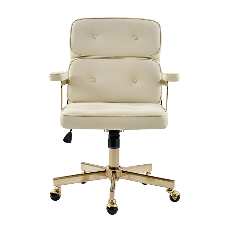 Fauteuil de bureau pivotant en similicuir avec dossier inclinable, pieds dorés et roulettes Globe | Camel / Ivoire / Sauge / Noir | Un siège