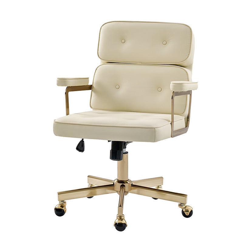 Fauteuil de bureau pivotant en similicuir avec dossier inclinable, pieds dorés et roulettes Globe | Camel / Ivoire / Sauge / Noir | Un siège