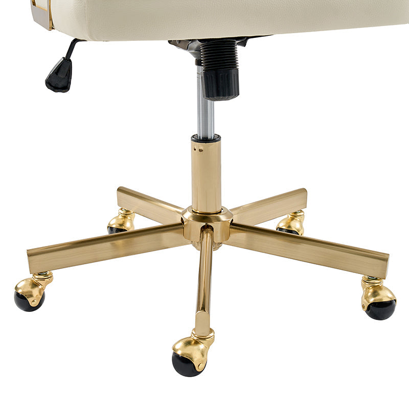 Fauteuil de bureau pivotant en similicuir avec dossier inclinable, pieds dorés et roulettes Globe | Camel / Ivoire / Sauge / Noir | Un siège