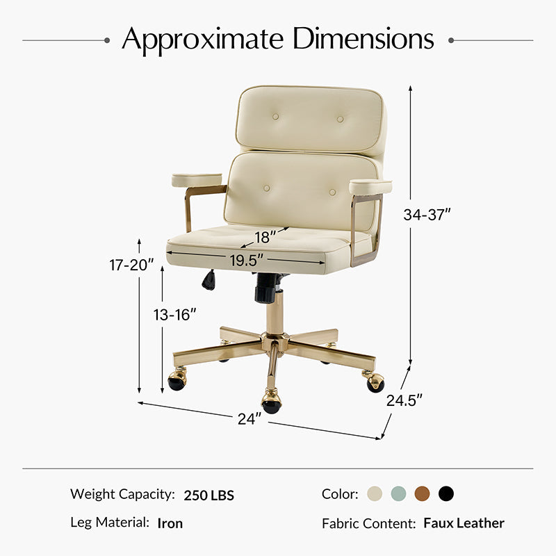 Fauteuil de bureau pivotant en similicuir avec dossier inclinable, pieds dorés et roulettes Globe | Camel / Ivoire / Sauge / Noir | Un siège