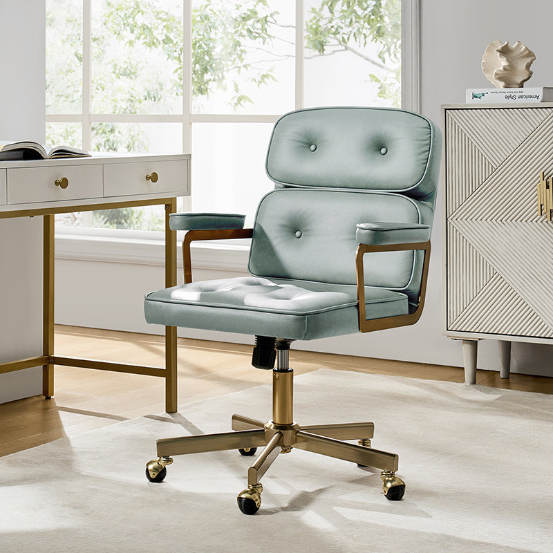 Fauteuil de bureau pivotant en similicuir avec dossier inclinable, pieds dorés et roulettes Globe | Camel / Ivoire / Sauge / Noir | Un siège