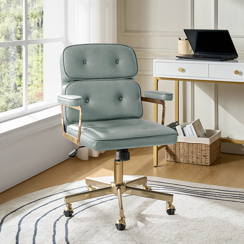 Fauteuil de bureau pivotant en similicuir avec dossier inclinable, pieds dorés et roulettes Globe | Camel / Ivoire / Sauge / Noir | Un siège