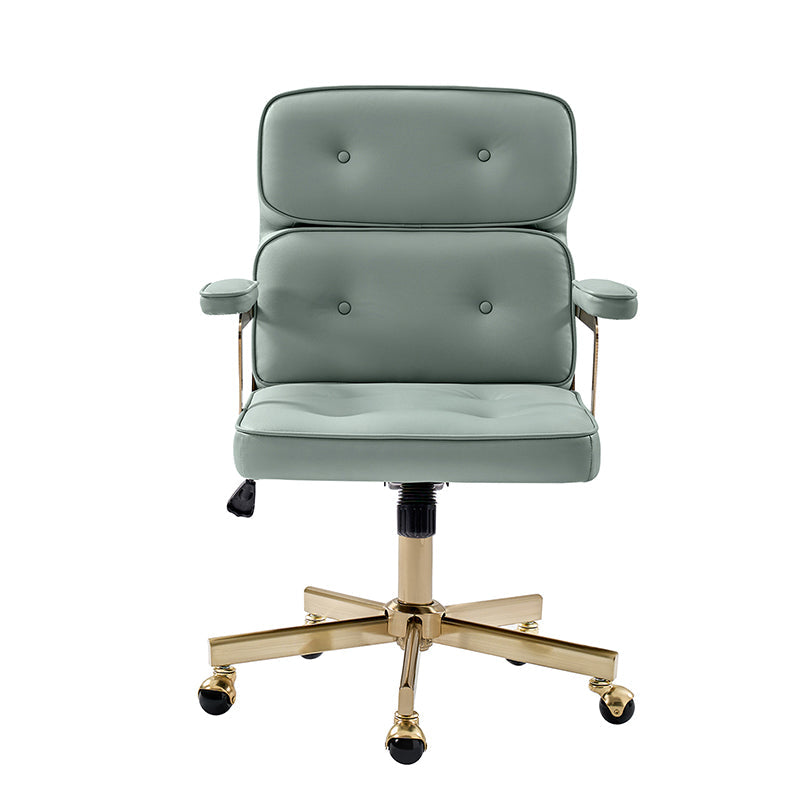 Fauteuil de bureau pivotant en similicuir avec dossier inclinable, pieds dorés et roulettes Globe | Camel / Ivoire / Sauge / Noir | Un siège
