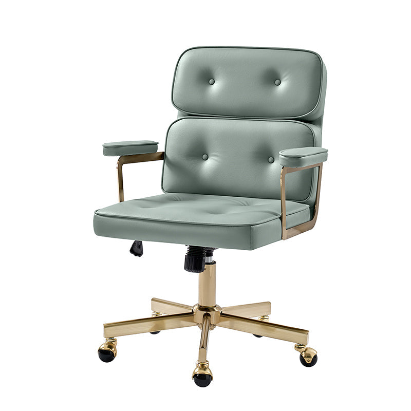 Fauteuil de bureau pivotant en similicuir avec dossier inclinable, pieds dorés et roulettes Globe | Camel / Ivoire / Sauge / Noir | Un siège
