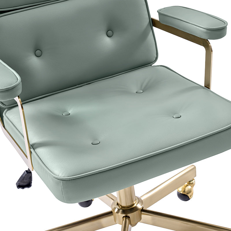Fauteuil de bureau pivotant en similicuir avec dossier inclinable, pieds dorés et roulettes Globe | Camel / Ivoire / Sauge / Noir | Un siège