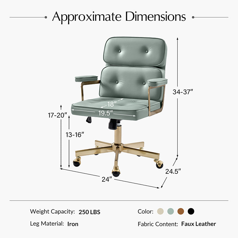 Fauteuil de bureau pivotant en similicuir avec dossier inclinable, pieds dorés et roulettes Globe | Camel / Ivoire / Sauge / Noir | Un siège