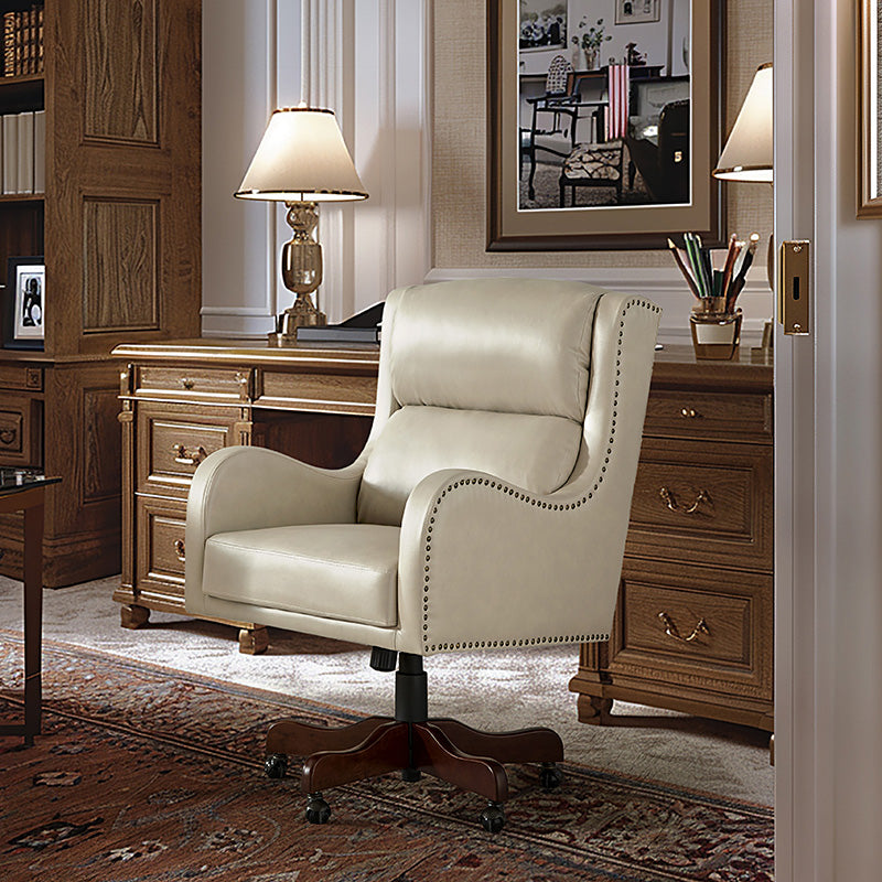 Fauteuil de bureau exécutif en cuir PU avec hauteur réglable, inclinaison centrale et pieds en bois d'hévéa | Bleu marine / Beige / Camel | Siège simple