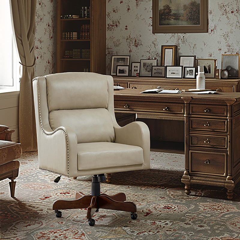 Fauteuil de bureau exécutif en cuir PU avec hauteur réglable, inclinaison centrale et pieds en bois d'hévéa | Bleu marine / Beige / Camel | Siège simple