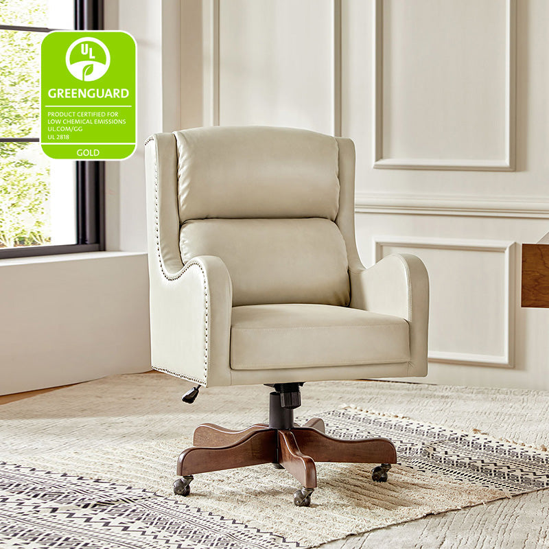 Fauteuil de bureau exécutif en cuir PU avec hauteur réglable, inclinaison centrale et pieds en bois d'hévéa | Bleu marine / Beige / Camel | Siège simple