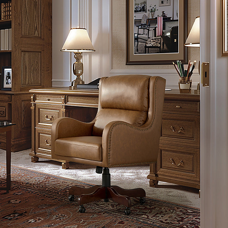 Fauteuil de bureau exécutif en cuir PU avec hauteur réglable, inclinaison centrale et pieds en bois d'hévéa | Bleu marine / Beige / Camel | Siège simple