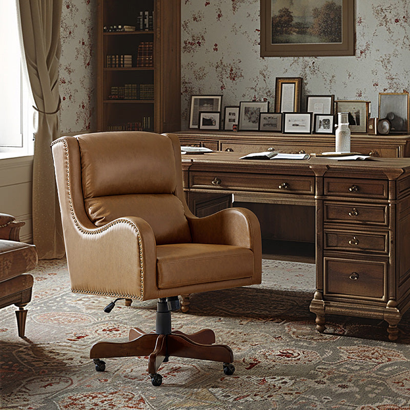 Fauteuil de bureau exécutif en cuir PU avec hauteur réglable, inclinaison centrale et pieds en bois d'hévéa | Bleu marine / Beige / Camel | Siège simple