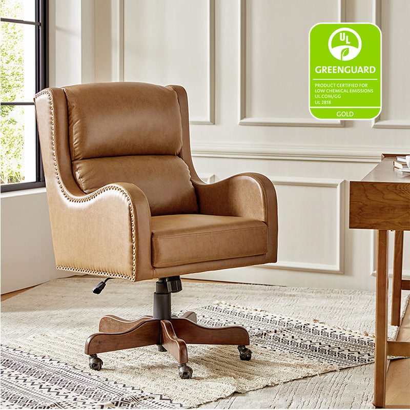 Fauteuil de bureau exécutif en cuir PU avec hauteur réglable, inclinaison centrale et pieds en bois d'hévéa | Bleu marine / Beige / Camel | Siège simple
