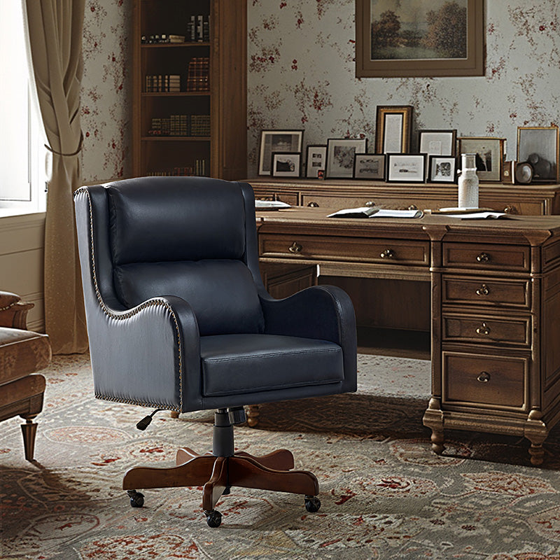 Fauteuil de bureau exécutif en cuir PU avec hauteur réglable, inclinaison centrale et pieds en bois d'hévéa | Bleu marine / Beige / Camel | Siège simple