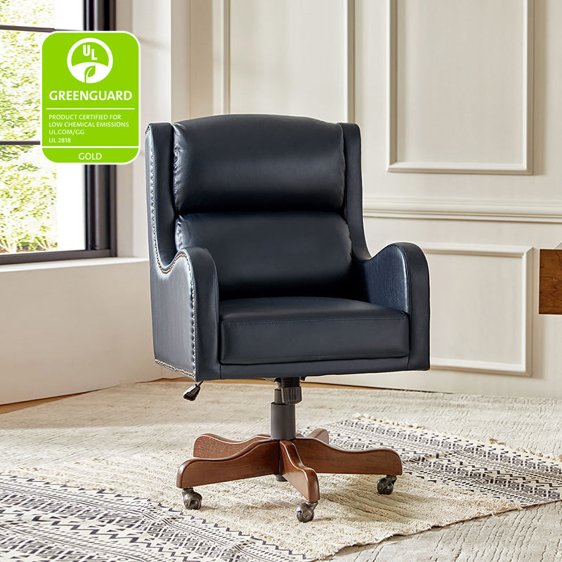Fauteuil de bureau exécutif en cuir PU avec hauteur réglable, inclinaison centrale et pieds en bois d'hévéa | Bleu marine / Beige / Camel | Siège simple