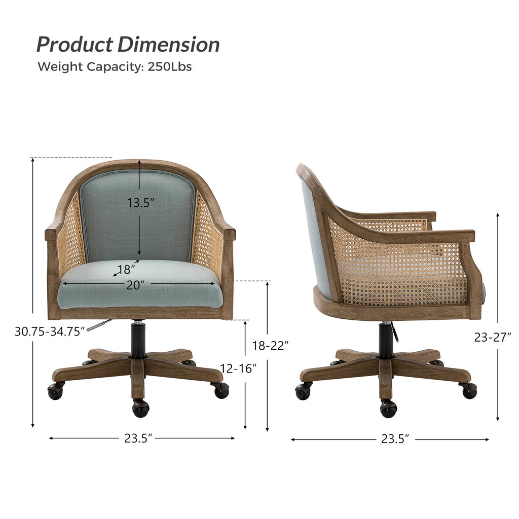 Fauteuil de bureau en rotin à dossier incurvé avec siège en polyester-lin, hauteur réglable et base pivotante | Ivoire / Bleu / Lin | Siège individuel