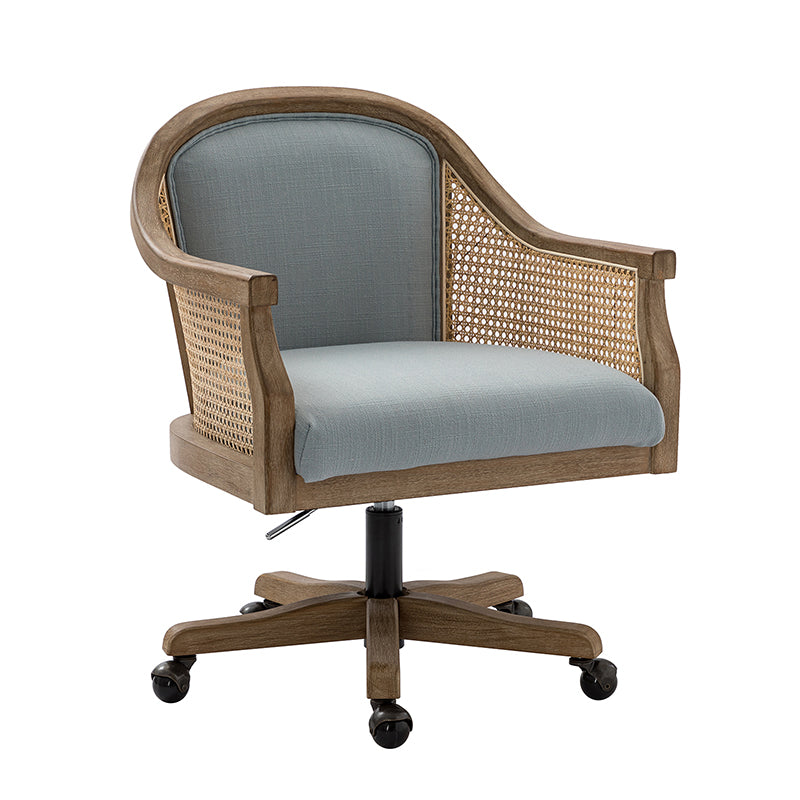 Fauteuil de bureau en rotin à dossier incurvé avec siège en polyester-lin, hauteur réglable et base pivotante | Ivoire / Bleu / Lin | Siège individuel