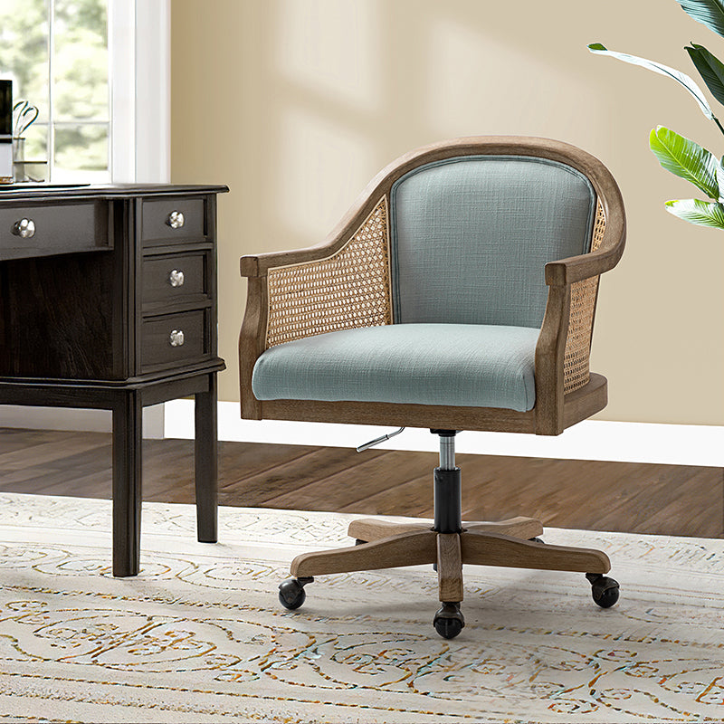 Fauteuil de bureau en rotin à dossier incurvé avec siège en polyester-lin, hauteur réglable et base pivotante | Ivoire / Bleu / Lin | Siège individuel