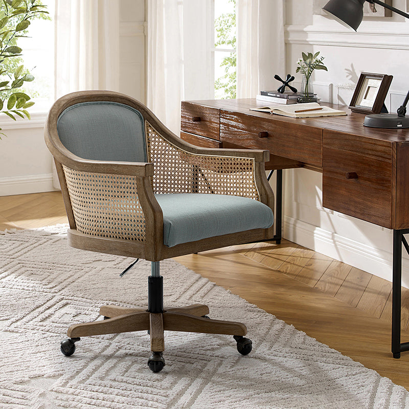 Fauteuil de bureau en rotin à dossier incurvé avec siège en polyester-lin, hauteur réglable et base pivotante | Ivoire / Bleu / Lin | Siège individuel
