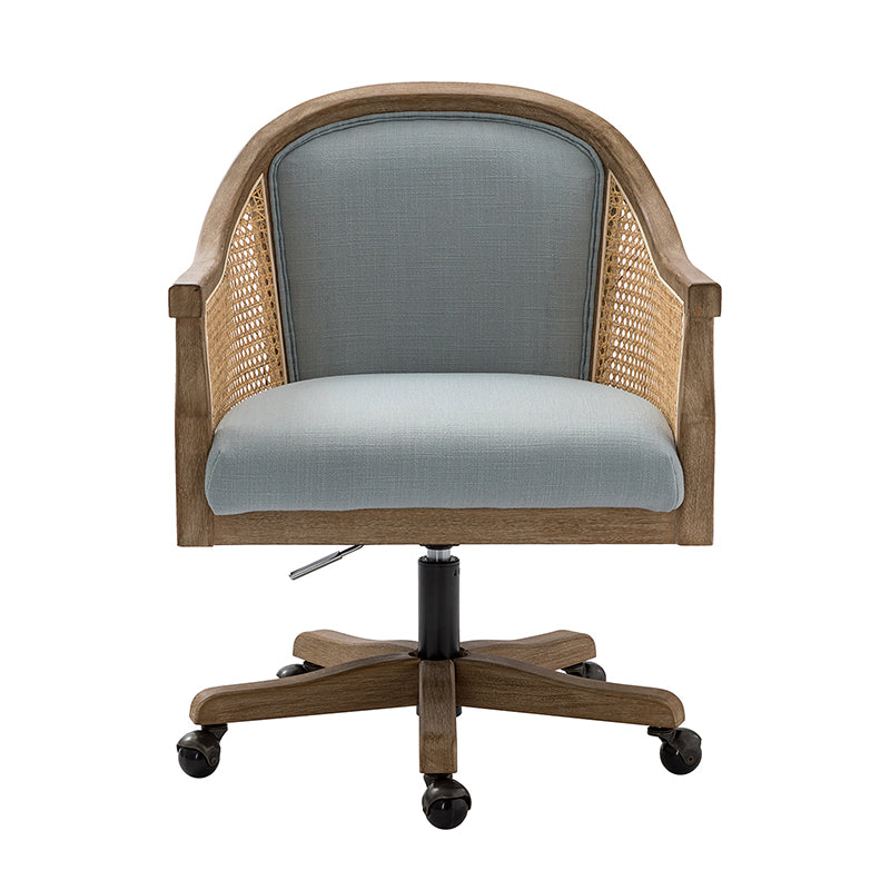 Fauteuil de bureau en rotin à dossier incurvé avec siège en polyester-lin, hauteur réglable et base pivotante | Ivoire / Bleu / Lin | Siège individuel