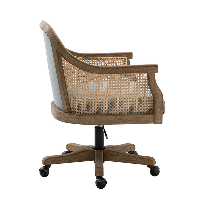 Fauteuil de bureau en rotin à dossier incurvé avec siège en polyester-lin, hauteur réglable et base pivotante | Ivoire / Bleu / Lin | Siège individuel